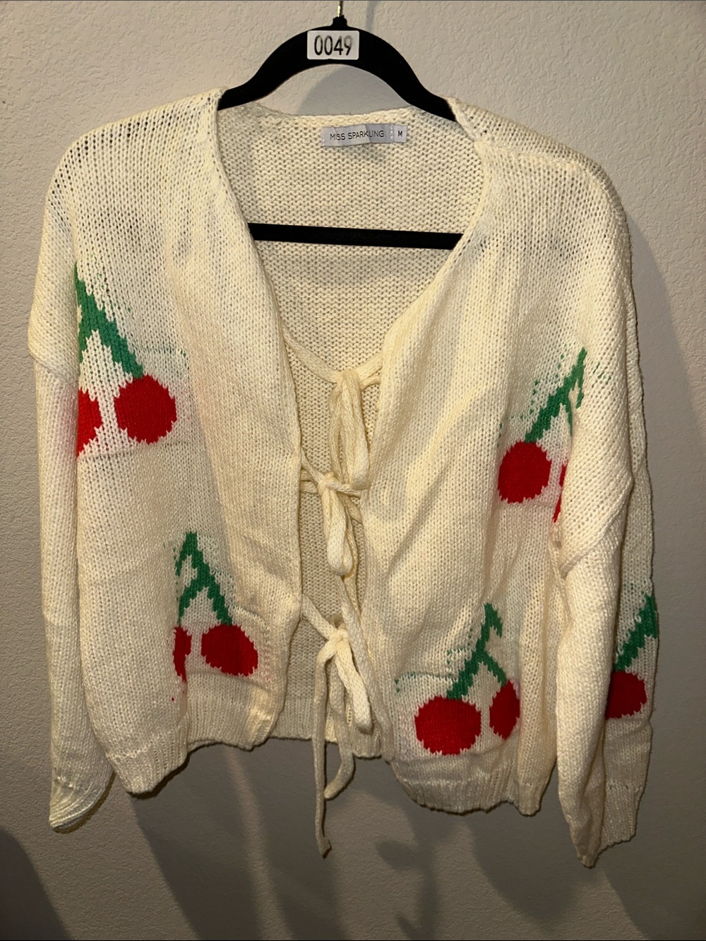 Cream Cherry Tie-Front Cardigan Sweater